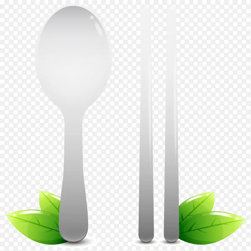卡通勺子筷子和绿叶