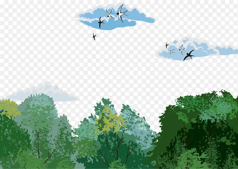 卡通手绘矢量绿色森林白云飞鸟