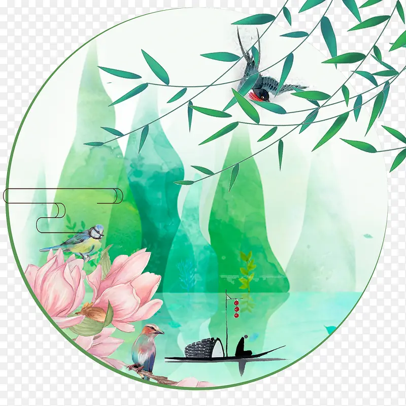 春天装饰手绘风景插画素材