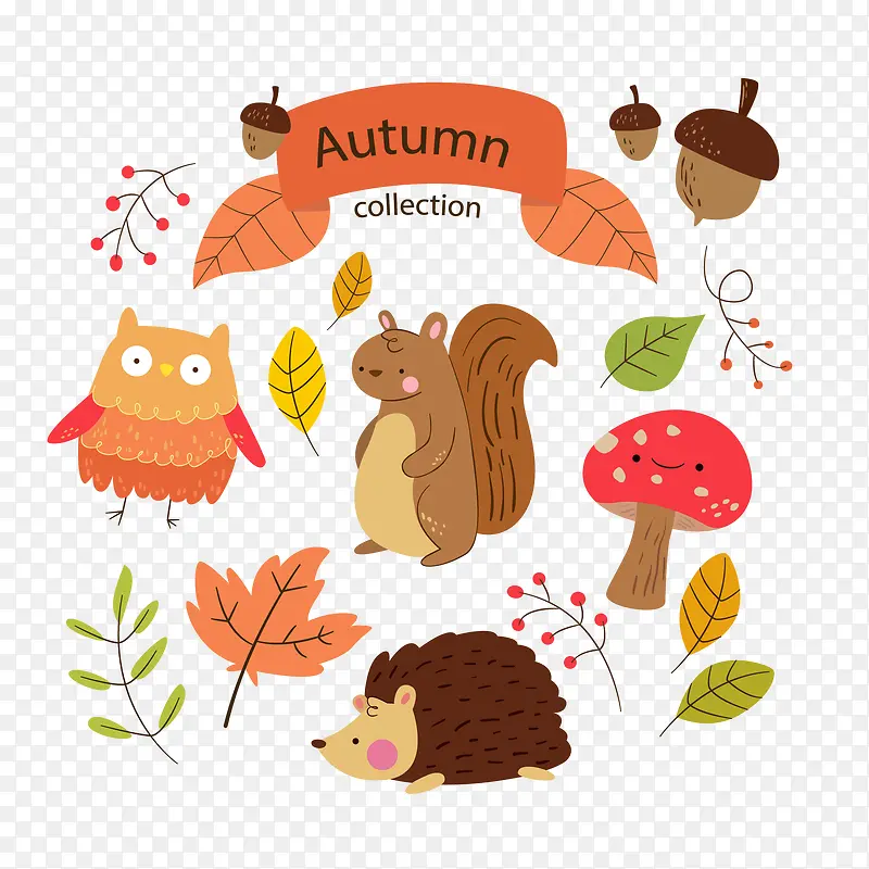 可爱秋季叶子和动物矢量