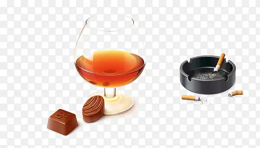 酒杯和巧克力和烟灰缸