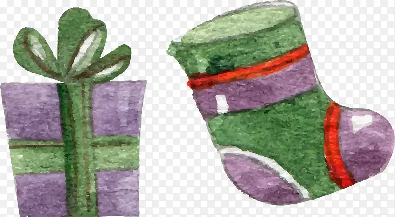 矢量手绘水彩礼盒和圣诞袜子