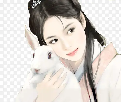 抱兔子的少女古风手绘