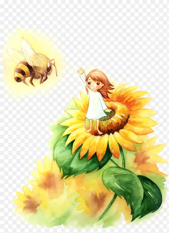 手绘向日葵女生蜜蜂