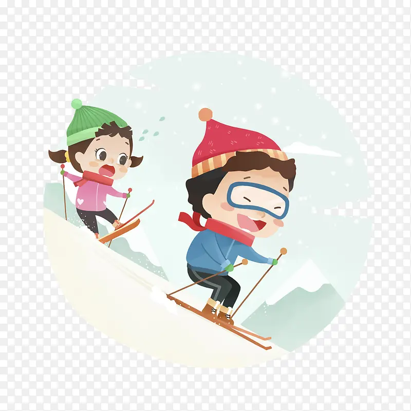 雪天滑雪的2个小孩