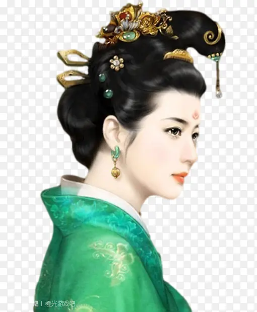 绿衣华贵少妇古风手绘