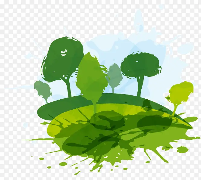 水彩绘绿色自然树木矢量图