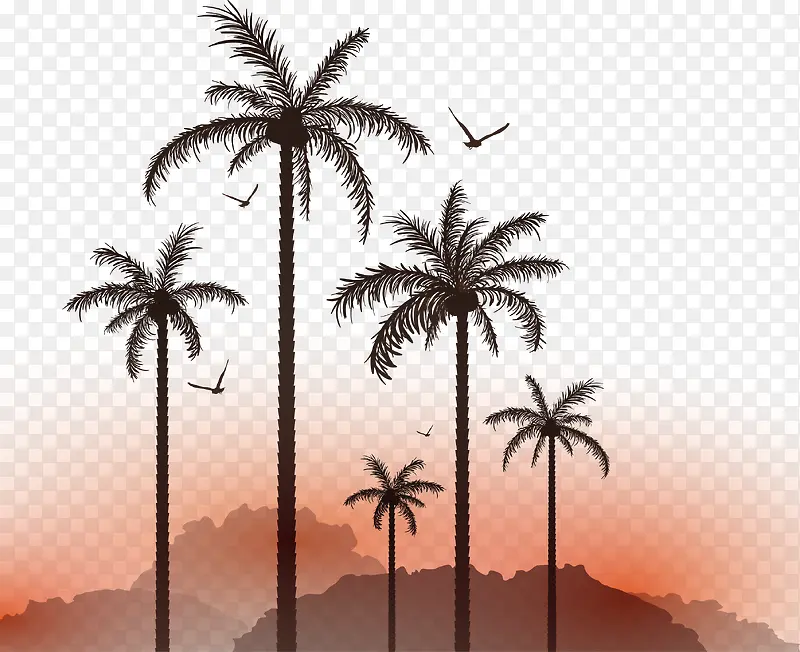 矢量椰子树夕阳素材海鸥植物