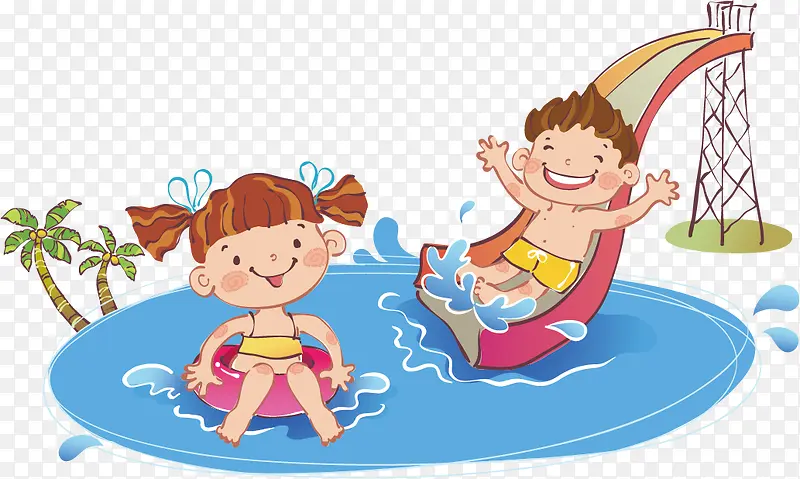 游泳池男孩女孩卡通背景夏天
