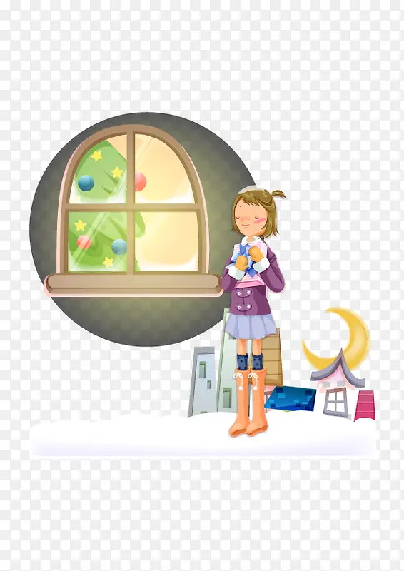 矢量元素在雪中的女孩等待她的礼