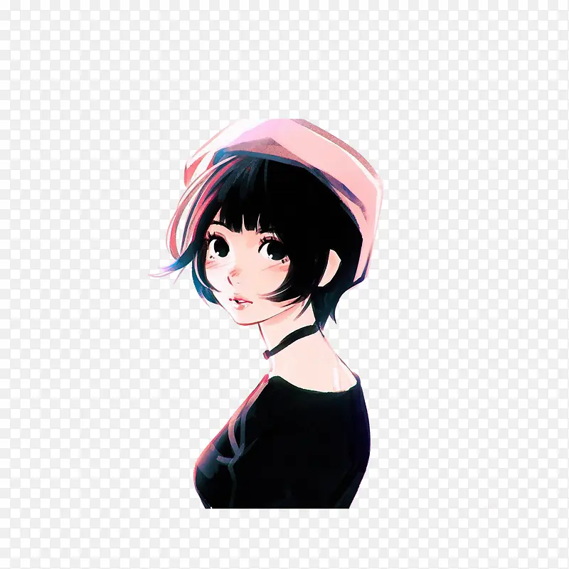 卡通手绘回眸的短发女孩素材