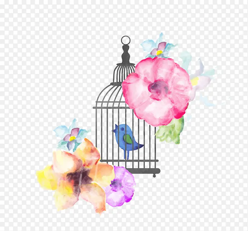 手绘花朵 鸟笼子装饰插图