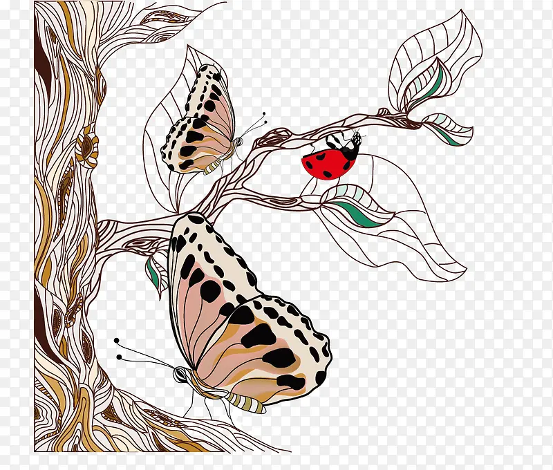 树上的蝴蝶和七星瓢虫