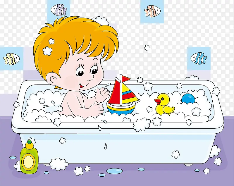 在浴缸洗澡的小男孩矢量素材