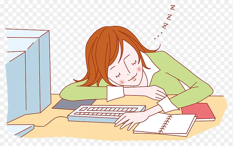 卡通插图工作劳累加班睡着的女人