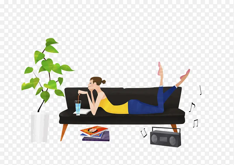 手绘在沙发上听音乐的女孩