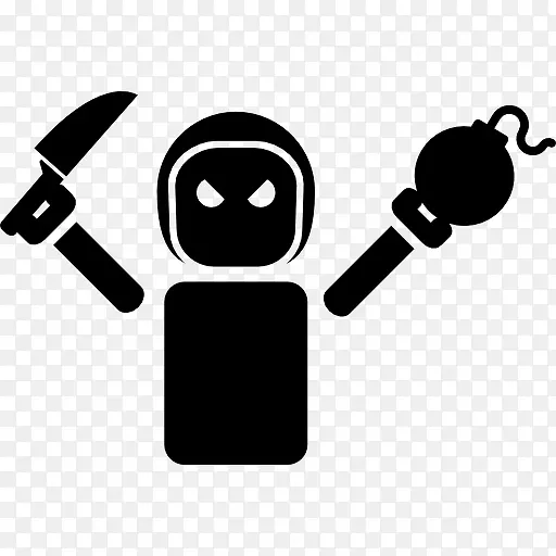 邪恶的机器人拿着一把刀和一个炸弹图标