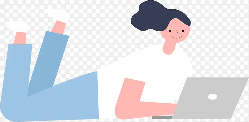 手绘卡通女人趴着用手提电脑