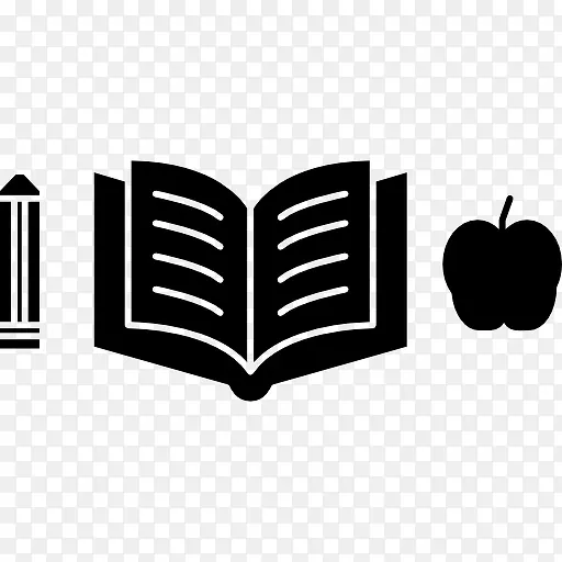 钢笔和一本打开的书和苹果的轮廓图标