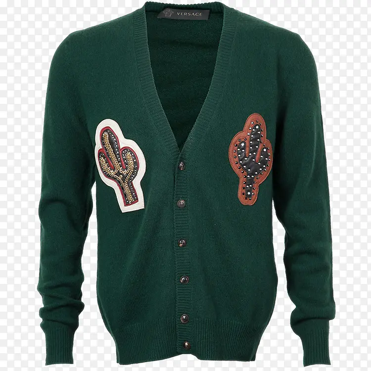 绿色V领羊毛系扣针织开衫