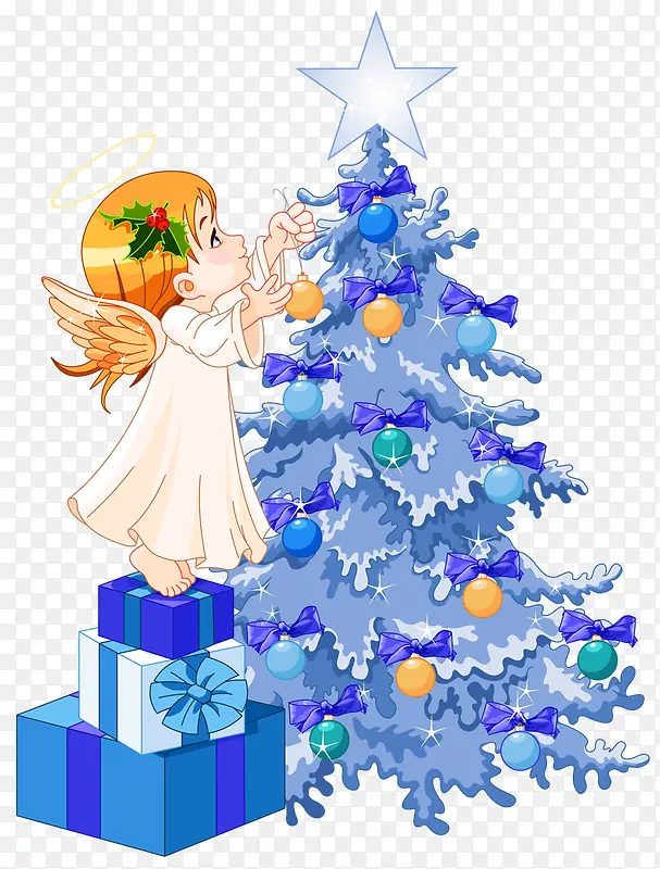 踩着礼物触碰圣诞树的天使