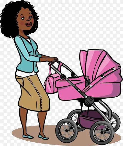 卡通妈妈推婴儿车