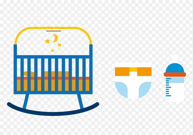 婴儿床尿裤和奶瓶矢量图