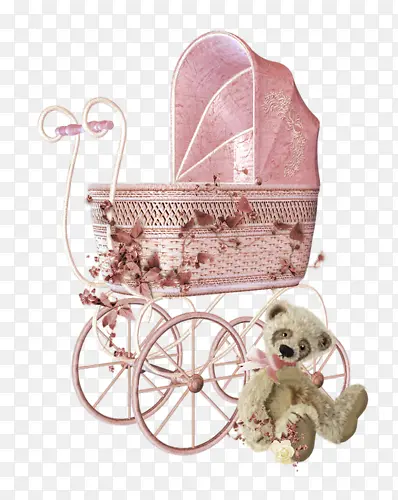 粉色婴儿车和玩具熊