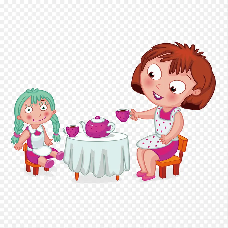 矢量卡通妈妈和小女孩吃饭