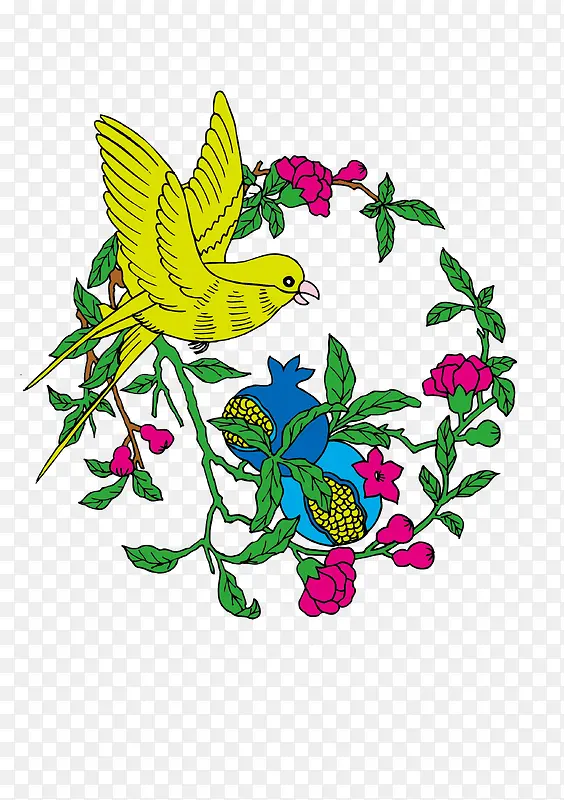 石榴与黄色的鸟的矢量传统图案