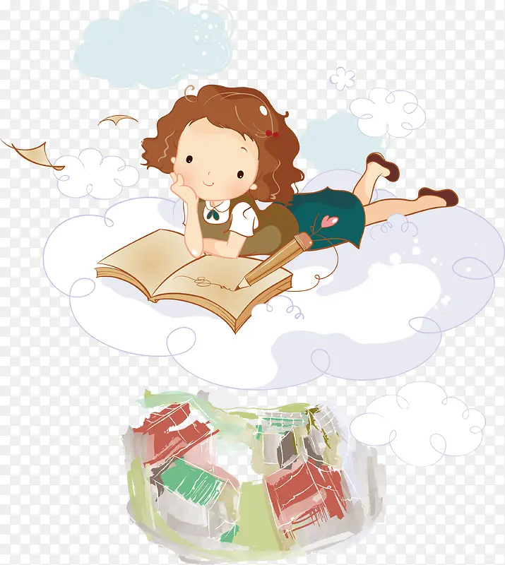 在云端上看书的小女孩矢量图