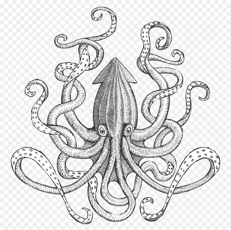 深海八爪怪物黑白插画