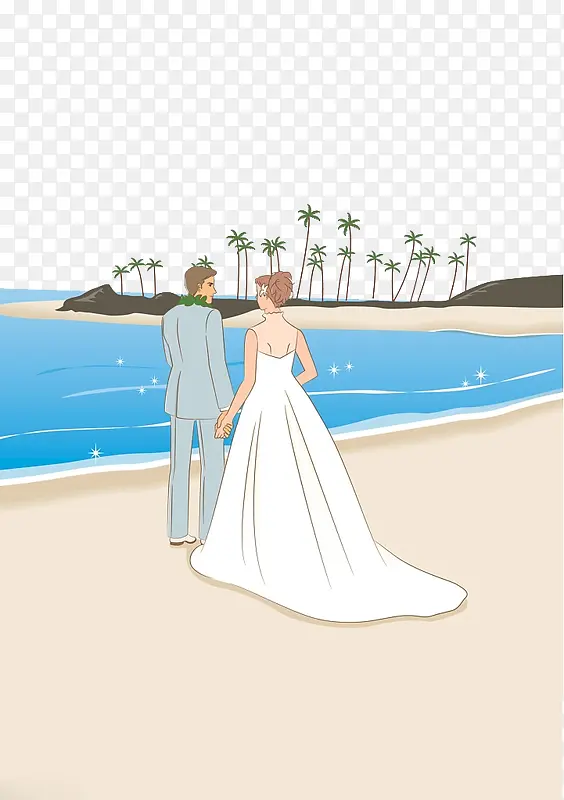 手绘婚礼海边的新人