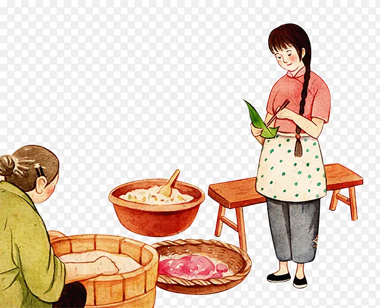 卡通手绘端午节包粽子的女人们
