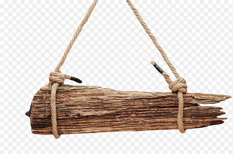 深棕色朽木被绳子挂着的木板实物