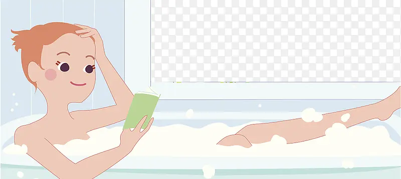 卡通矢量女孩泡澡看书