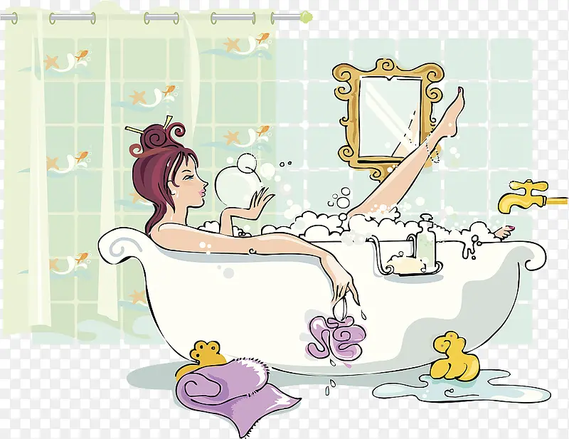 时尚手绘插图美女浴缸泡澡