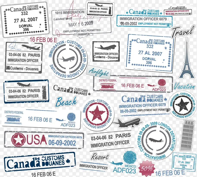 矢量飞机邮票旅行标签