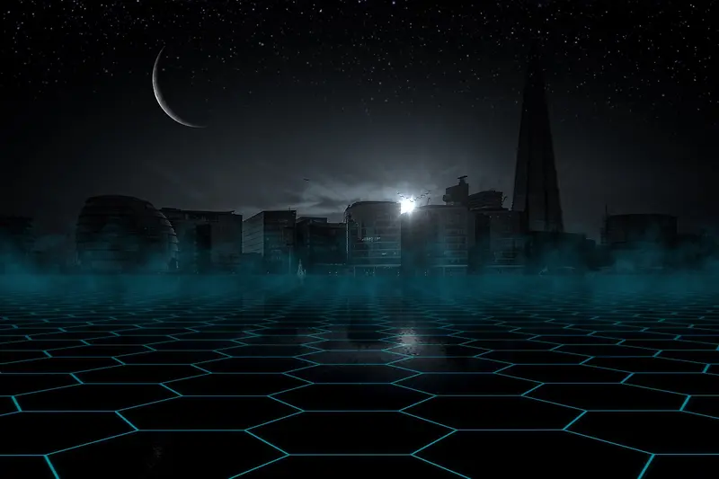 黑夜城市月亮网格科技