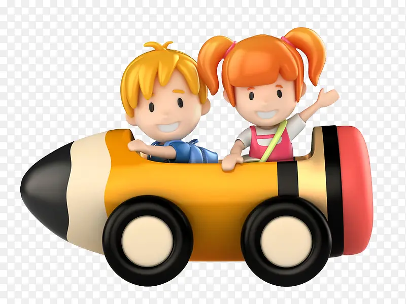 手绘卡通坐在车上的两个小孩子