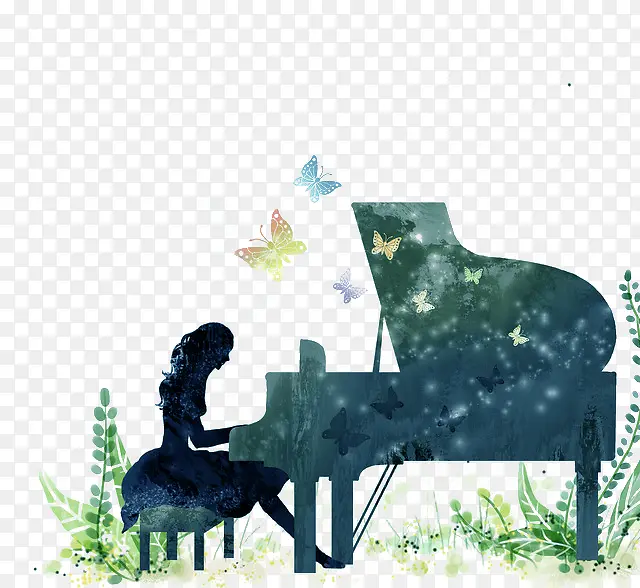 森林里弹钢琴的少女矢量