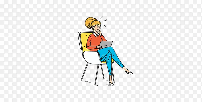 卡通女人坐着看平板电脑