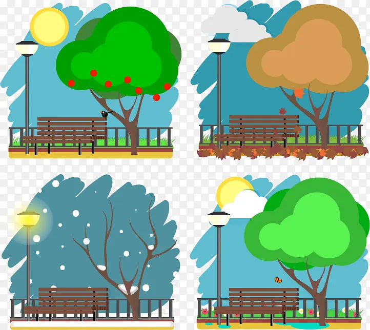 四季树下的长椅风景矢量图