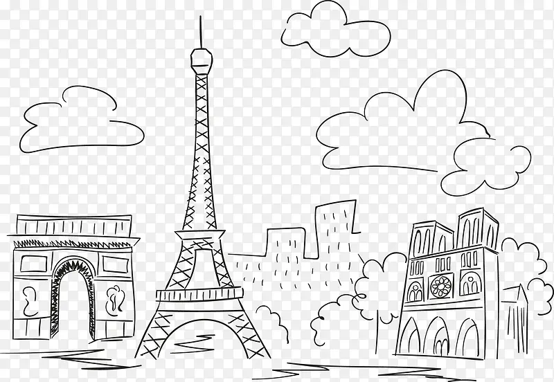 手绘线条巴黎建筑