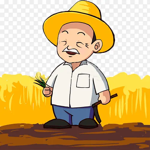 老爷爷在金黄色的稻田里收割