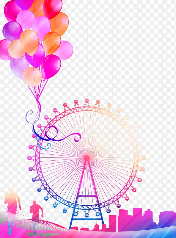 粉色气球扁平城市摩天轮风景