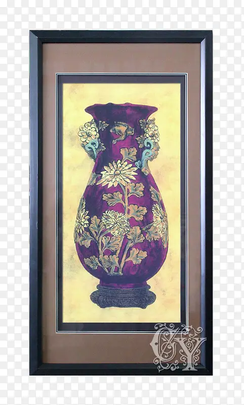 中式古典紫色瓷瓶木框壁画