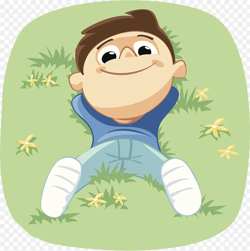 可爱卡通人物躺在草坪上的小男孩