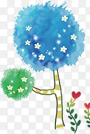 手绘蓝绿色漫画草地大树