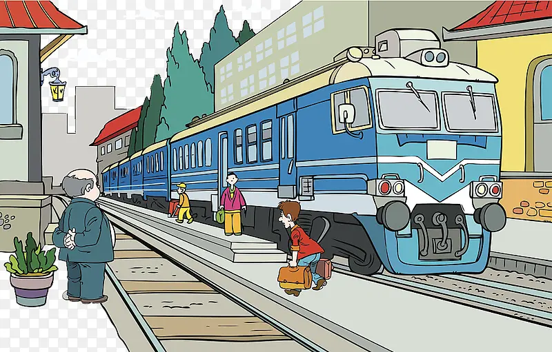 卡通插图火车站站台